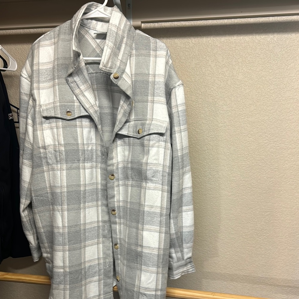 Gray and White Plaid Button-Up Shirt